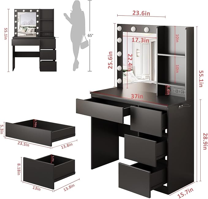 Fameill Black Makeup Vanity with 10 Lights & Power Outlets, Big Vanity with 3 Storage Compartments, Vintage Vanity Set with Large Drawer and Cabinet, 45in