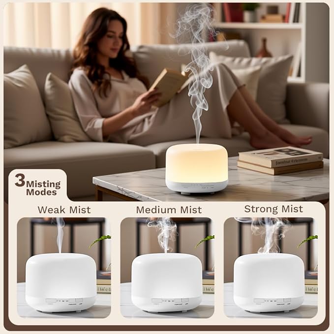 500ml Premium Essential Oil Diffuser,Quiet 4-in-1 Ultrasonic Aromatherapy Humidifier,7 Color LED Lights,with Adjustable Automatic Timer Off Function and Spray Mode. (White Woodgrain,Mini Model)
