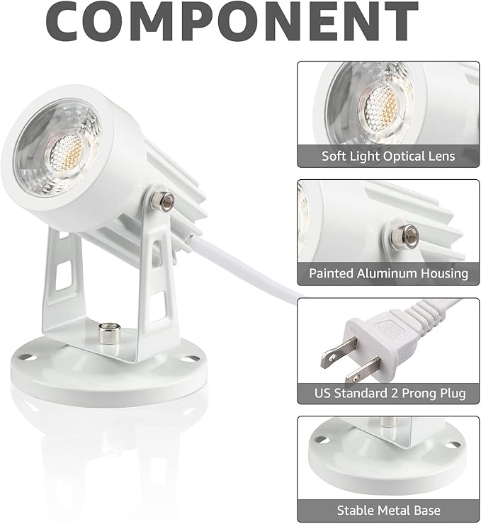 SUNVIE 2 Pack LED Spot Lights Indoor Plant Spotlight Lamp Up Lights for Indoor Plants Accent Lighting 120V Warm White Uplight 5.9 FT Cord with Floor Foot Switch, White (Base and Stake Included)