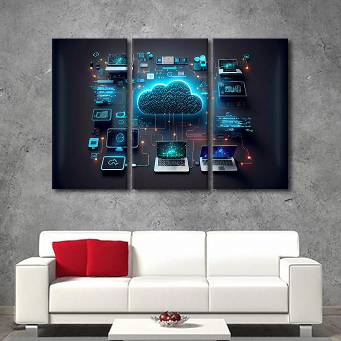 TUMOVO Multi Panel Large Wall Art Cloud Technology, Computing Pictures, Devices Connected to Digital Storage in the Data Center Via the Internet Posters and Prints Ready to Hang, 60" Wx40 H