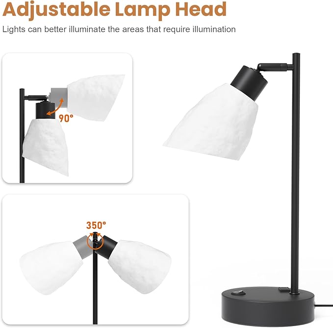 Neoglint Industrial Desk Lamp, Dimmable Table Lamp with USB C & A Ports + AC Outlet, Vintage Nightstand Lamp with 3D Lunar Texture Shade & LED Bulb, Adjustable Reading Light for Bedroom, Black