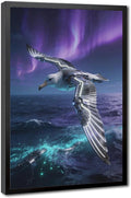 Framed Steampunk Mechanical Seagull Wall Art - Aurora Ocean Retro Poster for Bedroom Game Room Decor 24x36in