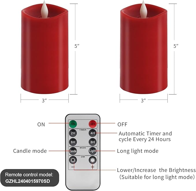 3x5 Flickering Flameless Candles Set of 2, 2AA Battery Life 600 Hours Battery Candles Flickering with Timer,5 inch Flameless Candles with Remote for Indoor/Outdoor, Red