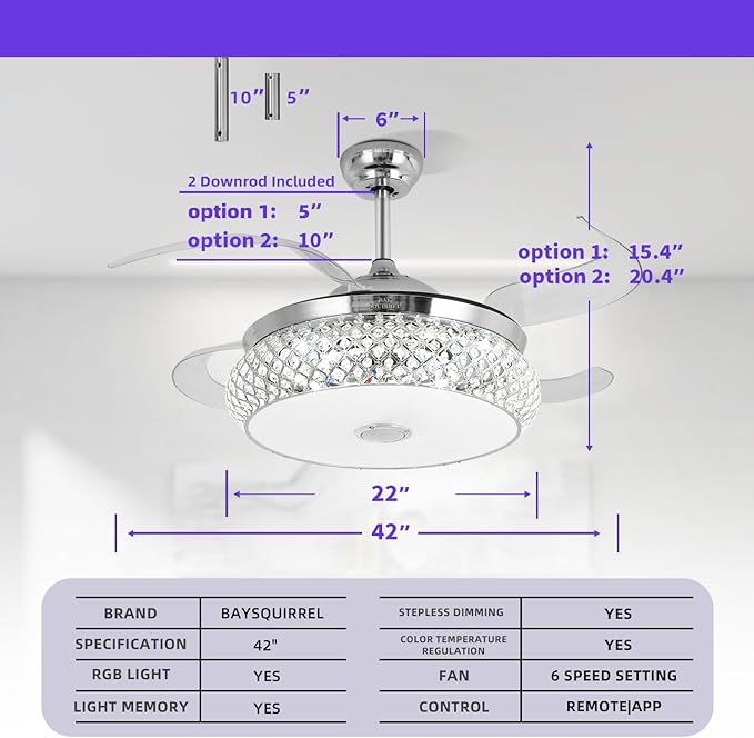 BAYSQUIRREL Retractable Ceiling Fan with Light, Low Profile Bluetooth Ceiling Fan with Speaker,RGB-LED Light 6 Speed Reversible Invisible Ceiling Fans for Bedroom,Remote and APP Control