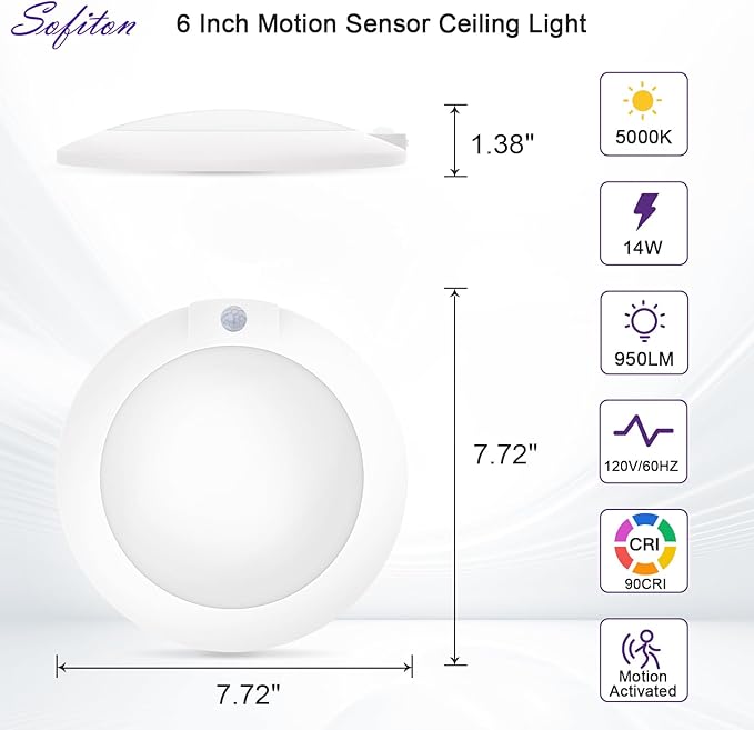 6 Inch Motion Sensor Ceiling Light Indoor, 180s Time Delay, 5000K, 14W 950LM, 120V LED Flush Mount Ceiling Light, ETL Certified, Wet Location - Closets, Hallway, Entryway, Pantry, 1Pack