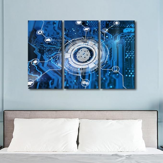Wall Art for Living Room 3 Panel Fingerprint Login Authorization and Cyber Security Concept Pictures Posters for Home Wall Decoration, Stretched Framed Gallery-Wrapped, 42" Wx28 H