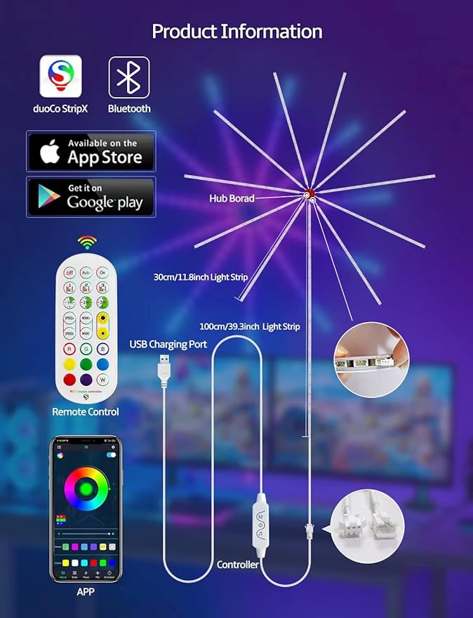 MATICOD Smart Firework Led Lights USB Powered Room Decor, Color Changing Fireworks Led Lights for Bedroom with Launch Burst Effect, RGB Led Strip Lights Remote App Control for New Year Party Decor