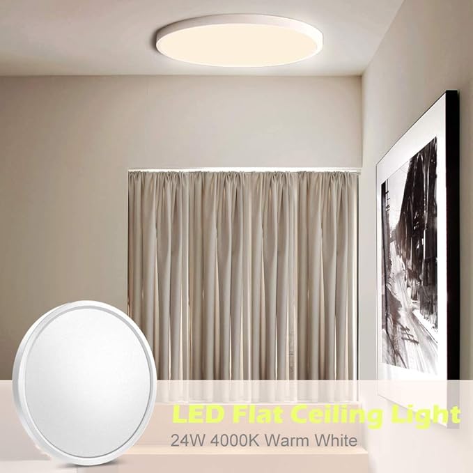 LightingWill 12 Inch LED Flush Mount Ceiling Light Fixture, 4000K Nurture White, 3200LM, 24W, Flat Modern Round Lighting Fixture, 240W Equivalent White Ceiling Lamp for Kitchens, Bedrooms.etc.