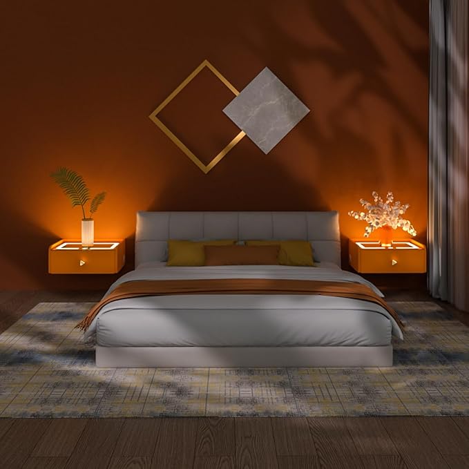 HOMEMORE Floating Nightstand with Charging Station Bedside Table LED Smart Bedside Table Wall Mounted Nightstand Orange