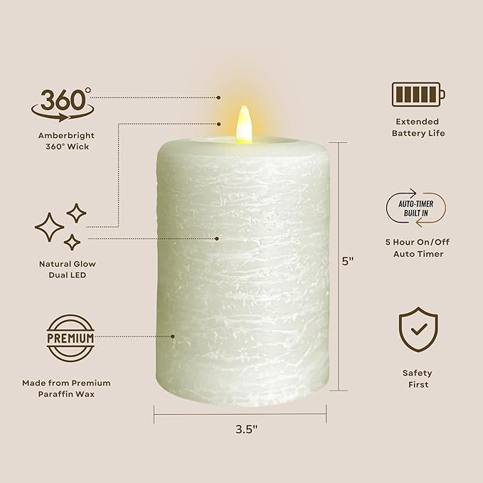 LumiPur Signature Collection Natural Glow Flickering Flameless 4 Pack LED Wax Pillar Candle (4 Pack 3.5" x 5", Linen White)