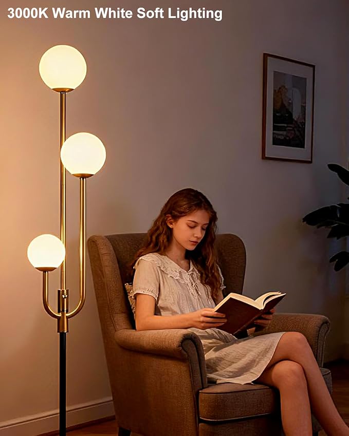 Lightdot 66IN Globe Floor Lamp 3-Lights Vintage Floor Lamps with 3000K Warm White Bulbs Included for Wedding Party Modern Tall Standing Lamp for Living Room/Bedroom-Gold & Black