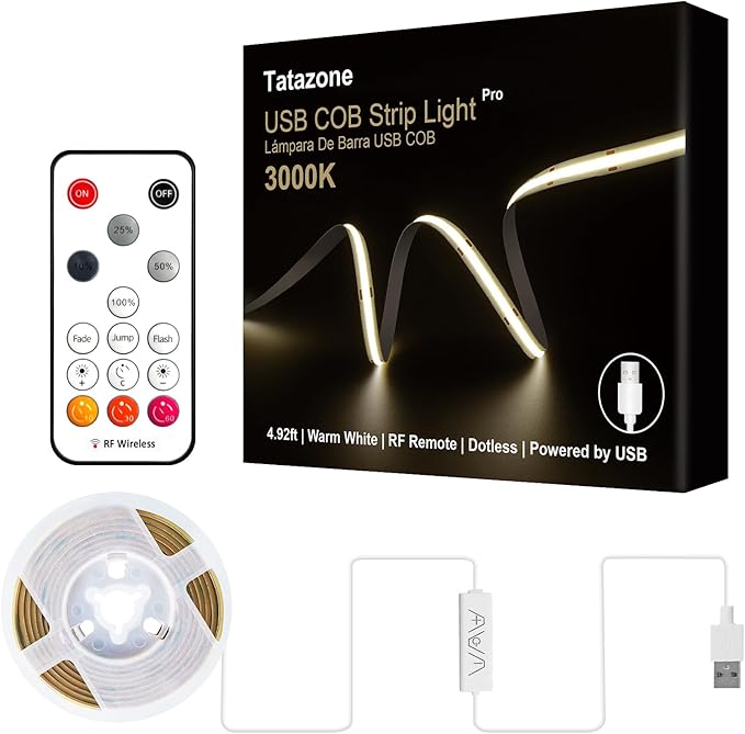 5V USB COB Led Strip Light with RF Remote, 4.92ft 3000K CRI93+ Dimmable USB Powered COB Led Light Strip, Indoor COB Led Light for Cabinet, TV, Camping, Monitor, Showcase, Motorhome