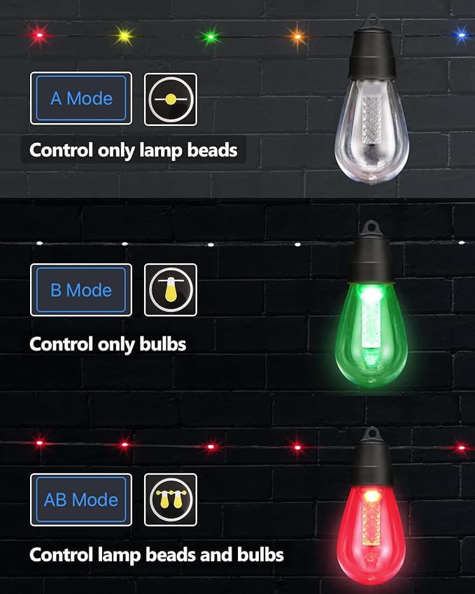 Flacchi Smart Outdoor Patio Lights - 46ft Smart S14 Christmas String Lights, Waterproof Shatterproof Bluetooth APP Remote Control Dimmable for Balcony, Backyard, Party, Holiday (RGB & Warm White)
