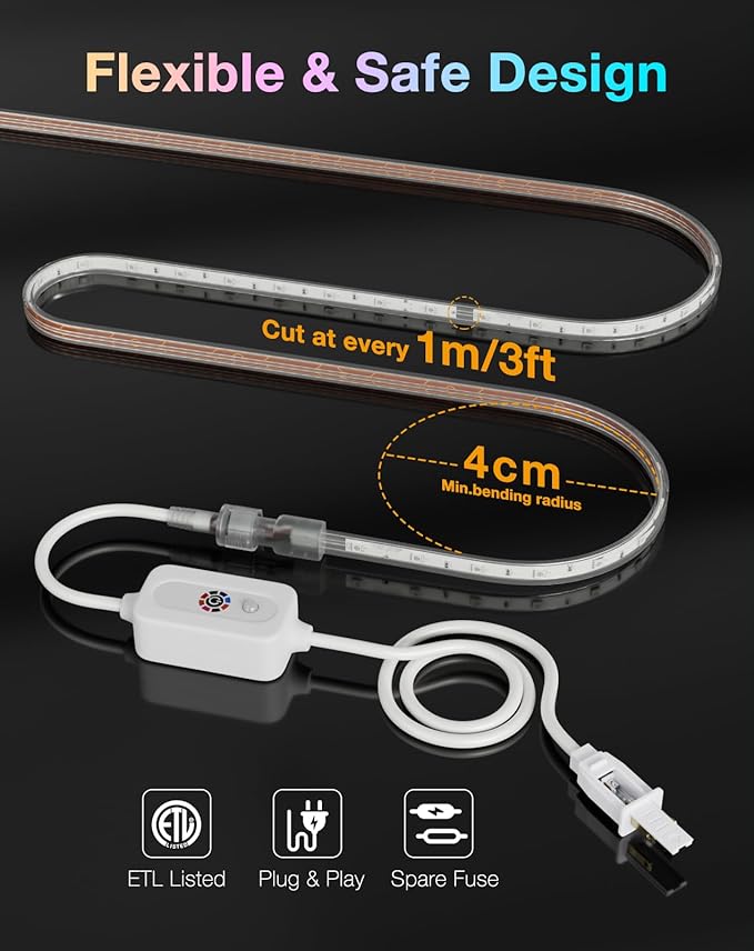 Shine Decor 120V RGB LED Strip Light Remote Control, Cold Resistant IP65 Waterproof Outdoor Strip Lighting Color Changing, Connectable Lite Multicolor Lighting Strip 7x13mm, 98 FT 900 LEDs ETL Listed