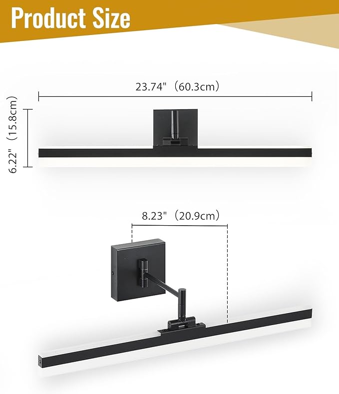 Modern Black Vanity Light Adjustable LED Bathroom Light Fixture Over Mirror Rotatable Vanity Lighting (Black, 23.6IN 4000K Dimmable)