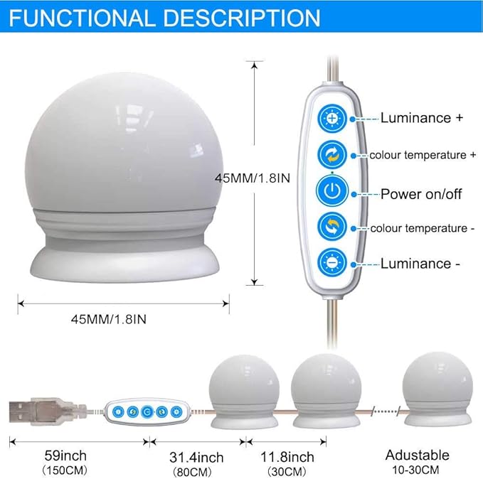 Cimenn Hollywood Makeup Vanity Mirror Bulb, 10Pcs USB LED 5 Color Temperature Light Bulb for Makeup Beauty Tabletop Vanity Mirror, Wall Mounted Lighting