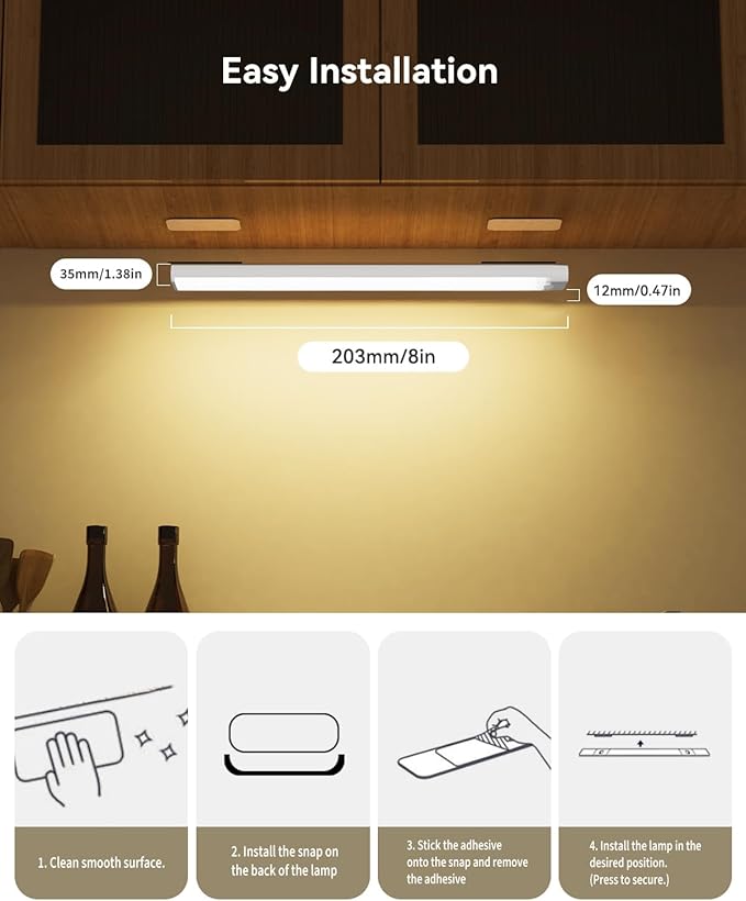 6 Packs Under Cabinet Lighting with Charging Station 8 Inches, Rechargeable Motion Sensor Light Indoor, 3 Color Dimmable Closet Light, USB Led Stick on Under Counter Lights for Kitchen Pantry
