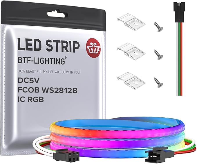 BTF-LIGHTING FCOB COB XGB1338(WS2812B) IC RGB 160LED/m 160IC LED Strip DC5V 3.2FT Individual Addressable Flexible High Density Uniform Light Dream Chasing Color 0.19in Width(NO Adapter or Controller)