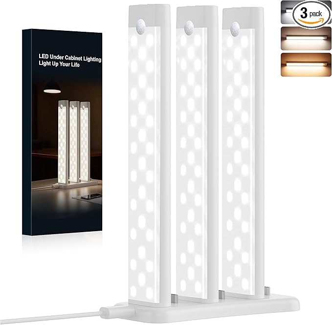3 Packs Under Cabinet Lighting with Charging Station 8 Inches, Motion Sensor Light Indoor Rechargeable, 3 Color Dimmable Closet Light, USB Led Stick on Under Counter Lights for Kitchen Pantry