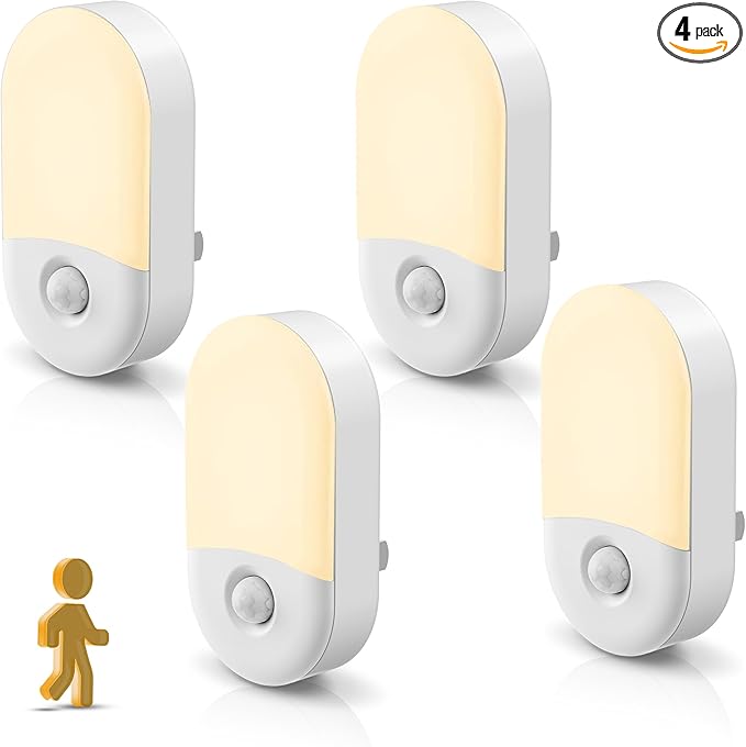 L LOHAS LED Motion Sensor Night Light, Motion Activated Night Light, 4Pack, 3000K Warm White, Night Lights Plug into Wall Motion Sensor, 30/60LM Adjustable Brightness, for Kids Adults Bathroom Kitchen