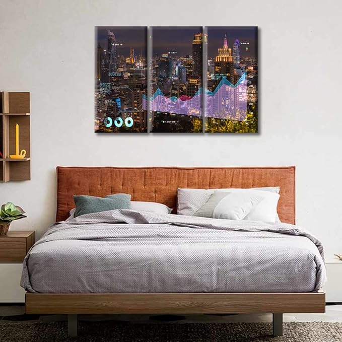 TUMOVO Stock Market on Display Paintings Wall Art Stock Exchange Market Pictures Living Room Wall Decor 3 Pieces City Building Background Black and White Wall Art Framed Ready to Hang (36" Wx24 H)