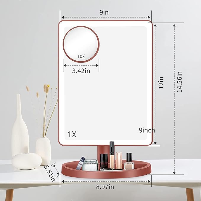 Funtouch Large Lighted Vanity Makeup Mirror, 14.56 in x 8.97 in, 88 LED, 360 Rotation Touch Screen, 10X Magnification Tabletop Cosmetic Make Up Mirror, Rose Gold