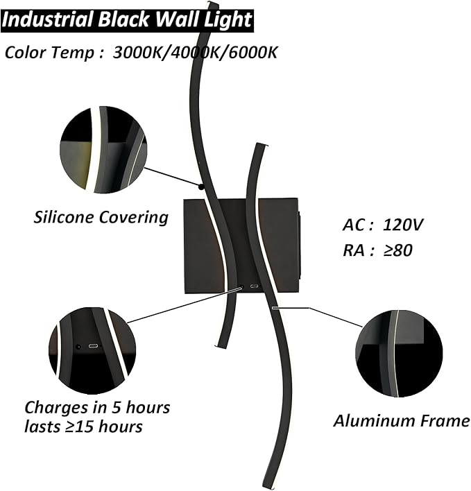 Battery Operated Wall Sconce with Remote Control,10000mAh USB Rechargeable Wireless Minimalist Black Wall Light,3000K-6000K Dimmable LED Wall Lamp for Bedroom Hallway Background Staircase -1 Pcs