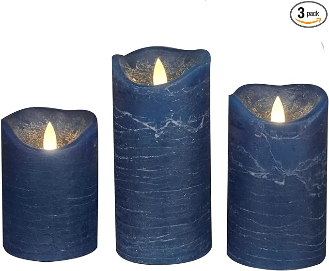 CANDLE CHOICE Real Wax Battery Operated Flameless Candles with Automatic Daily Cycle Timer Realistic Flickering Electric LED Pillars Wedding Party Holiday Decorations Set of 3 Rustic Texture Navy Blue