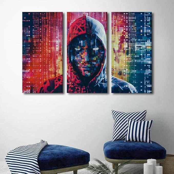 TUMOVO 3 Panel Canvas Wall Art Hacker in Mask on Dark Background with Digital Effects Pictures Print on Canvas Artwork for Home Office Decorative Stretched Framed Ready to Hang, 60" Wx40 H