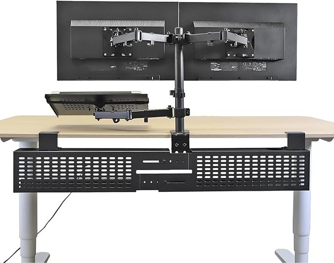 AEONS Dual Monitor and Laptop Desk Mount Combo Stand with Notebook Tray fits 17 inch, 3-in-1 Adjustable Triple Arm Mount fits 27 inch LCD Screen with VESA, Clamp and Cable Management, Black
