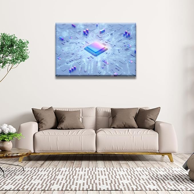 LSIUHWUWI Canvas Wall Art AI Painting Prints Canvas Motherboard Digital Chip Pictures for Bedroom Home Decor Technology Digital Age Stretched by Wooden Frame Ready to Hang 24x36 INCH