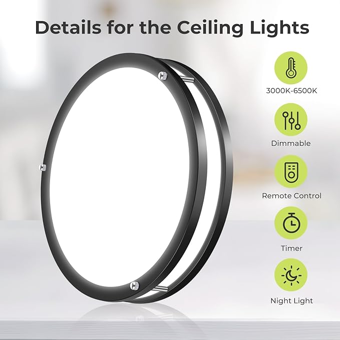 hepside Flush Mount LED Ceiling Light with Remote, Dimmable& 3000K-6500K Adjustable Ceiling Light Fixture, Timer, Night Light, 13 inch Black Ceiling Lamps for Kitchen Bathroom Bedroom Hallway