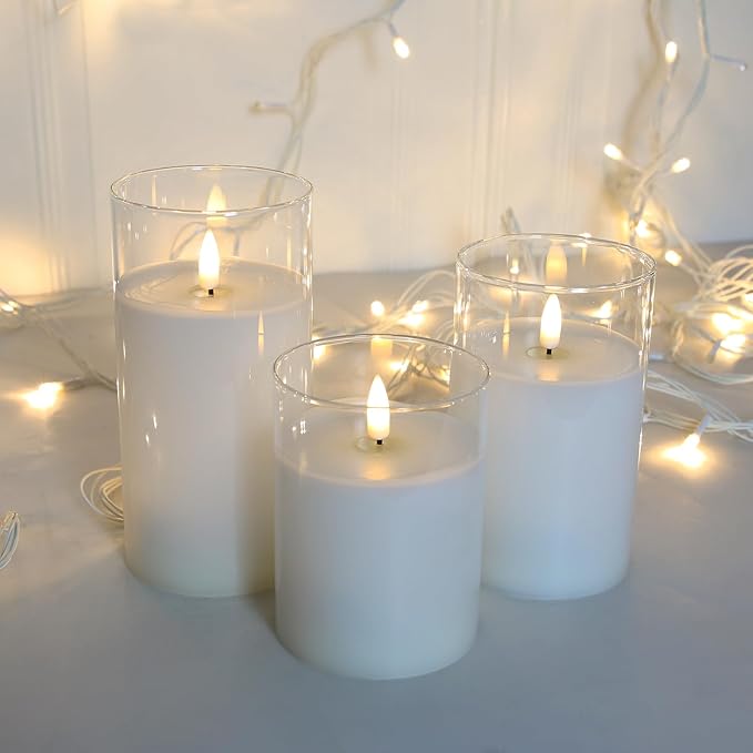 Pure White Glass Flameless Candles with Remote - Battery Operated Candles with Timer, LED Flickering Real Wax Candles for Festival Wedding Home Party Decoration, Clear, Set of 3