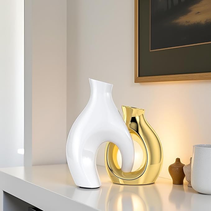 White Gold Modern Abstract Ceramic Vases for Home Decor,Nordic Snuggle Hollow Design for Flowers Pampas Grass Decorative,for Living Room Coffee Table Centerpiece,Entrance,Console (White Gold)