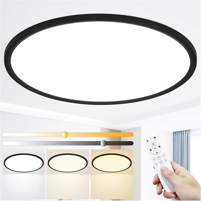 24 Inch LED Flush Mount Ceiling Light,56W Ultra-Thin Modern Round Light Fixture with Remote,Dimmable 3000K-6000K,Black,5600LM,Memory & Night Light Mode for Bedroom, Kitchen,Living Room