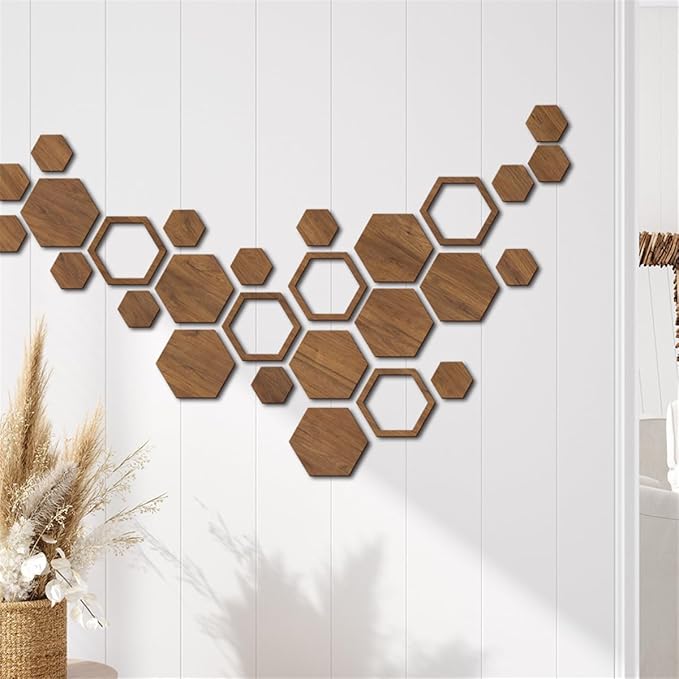 Wooden Hexagon Wall Art Decor, 27 PCS 3D Removable Hexagon Wall Stickers Honeycomb Decor, Wood Hexagon Wall Decor Panels DIY Hexagonal Wall Decals for Office Living Room Bedroom Home Wall Decoration