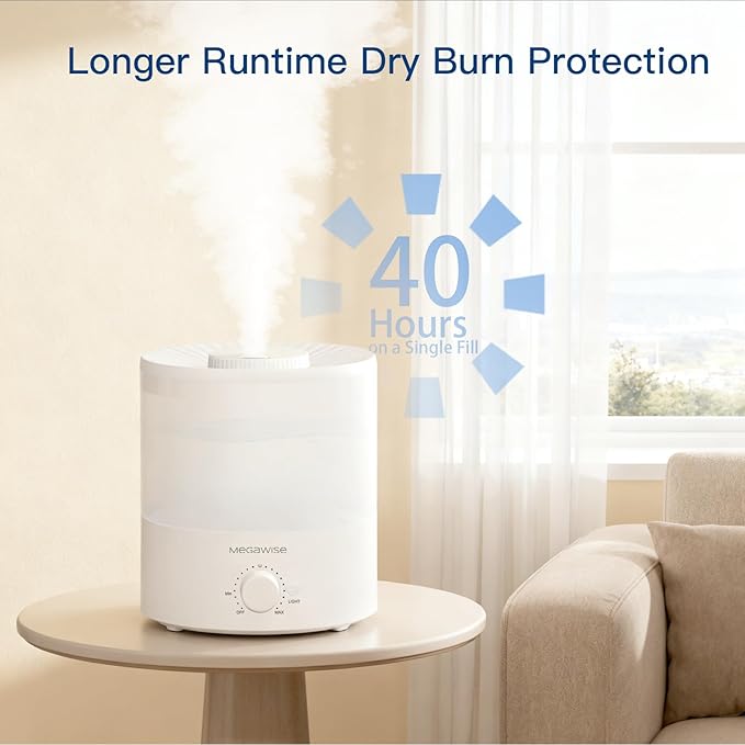 MEGAWISE 1.5L Cool Mist Humidifier for Bedroom, Home, Office, and Plants, Essential Oil Diffuser with Adjustable Mist Output, 25dB Quiet Ultrasonic, Up to 10 Hours, Easy to Clean