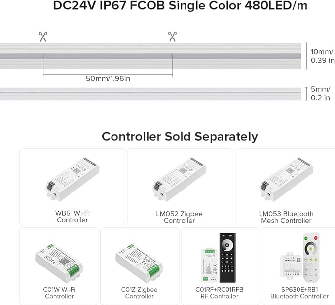 BTF-LIGHTING FCOB COB LED Strip IP67 Waterproof Flexible High Density Uniform Diffused Neon Light 16.4FT DC24V Cool White 6000K 480LED/m CRI 90+ for Indoor Decor(No Adapter or Controller)