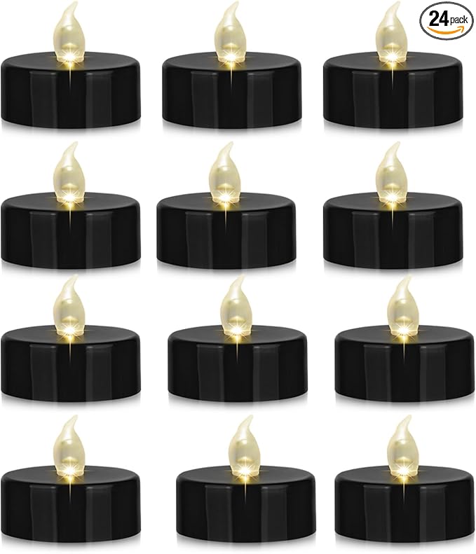 Battery Operated Tea Lights Candles: 24 Pack Realistic and Bright Flickering Holiday Gift Flameless Candles LED Electric Tea Candles for Seasonal & Festival Party Home Decoration Black