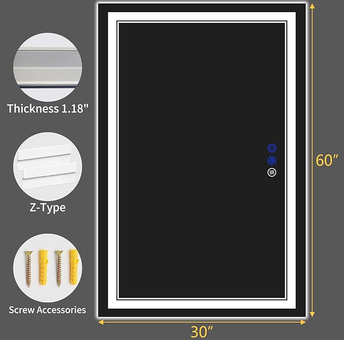 60"x30" LED Bathroom Mirror with Anti-Fog, Stepless Dimmable Lights, 3 Color Modes, Shatter-Proof Tempered Glass,Waterproof Design