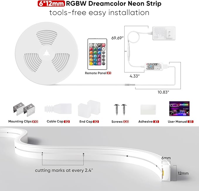 Shine Decor 24V Smart Neon Rope Lights, RGBW Silicone Neon Light Remote APP WiFi Control Music Sync, RGB+Cool White Changing Dimmable LED Neon Strip 16.4 Ft Flexible Waterproof for Indoor Outdoor
