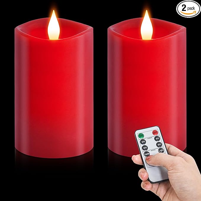 2PCS, 3 x 5 inches Flameless Candle with Remote Control, 3D Flickering Wick, Real Wax Pillar LED Candles, Battery Operated Candles,with Timer,for Holiday Home Decor, Red