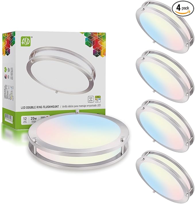 ASD LED 12" Round Flush Mount Lighting, Close to Ceiling Light Fixture | 3CCT, Dimmable, Energy Star, ETL Listed | 20W 1580LM 3000-5000K 100-277V | Low Profile Double Ring Lamp | Nickel, 4 Pack