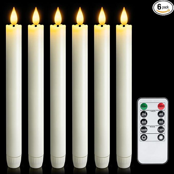 6 Pcs Flameless Taper Candles with Remote Timer, Battery Operated Window Candles, 9.6 inches White Plastic LED Candlesticks, for Halloween Christmas Church Wedding Decor
