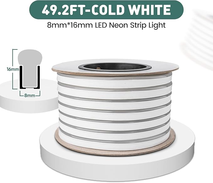 GZBtech Flexible LED Neon Rope Lights 50FT,AC 110-120V Waterproof Strip Light, 120 LEDs/M Cuttable Connectable Neon Lighting for Indoor Outdoor Home Decor/Commercial Use-Cold White 15M, ETL Listed