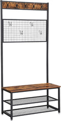 VASAGLE Industrial Coat Rack Stand, Shoe Rack Bench with Grid Memo Board, 9 Hooks and Storage Shelves, Hall Tree with Stable Metal Frame, Rustic Brown UHSR46BX