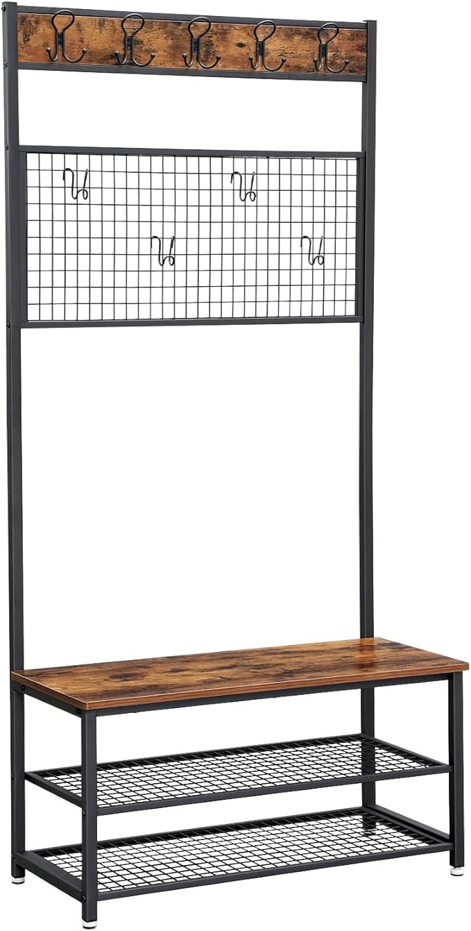 VASAGLE Industrial Coat Rack Stand, Shoe Rack Bench with Grid Memo Board, 9 Hooks and Storage Shelves, Hall Tree with Stable Metal Frame, Rustic Brown UHSR46BX