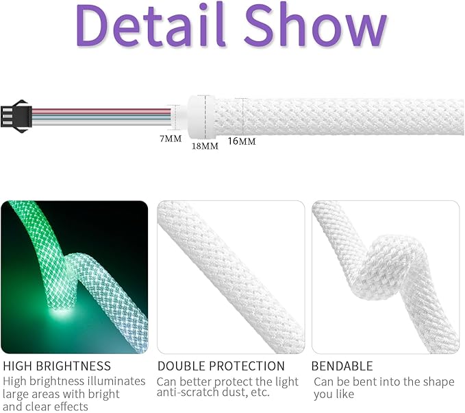 16.4FT WS2811 360 Degree Round Reticulate Super-Bright Neon LED Strip,RGB Nylon Flexible Dream Colorful Christmas Rope Light,Bedroom Indoor Outdoor Decoration,DC12V