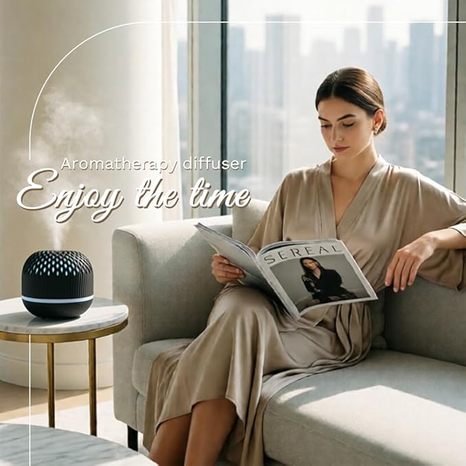 Essential Oil Diffuser 300ml for Home Bedroom, Aromatherapy Oil Diffuser with 3H 6H Timer, 7 Color Light, USB Type-C, Hollow Design, Auto Shut-Off(Dark Woodgrain, Openwork)