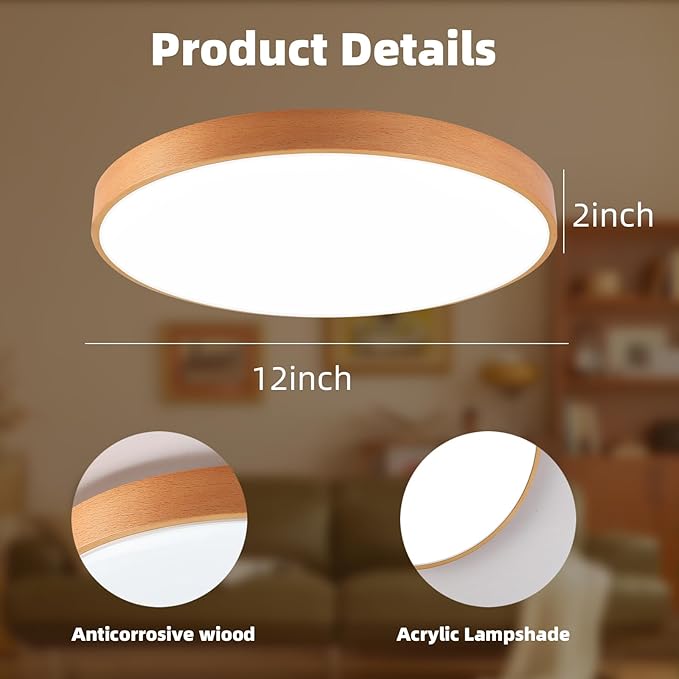 HOREVO Smart Flush Mount Ceiling Light with Remote - Alexa/Google Home Compatible, Dimmable RGB Color Changing (2700K-6000K), 12" Modern Minimalist wood ceiling light for Bedroom/Living Room/Kids Room